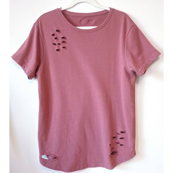 Alphalete Womens L Short Sleeve Sweatshirt Top Longline Distressed Athleisure - Picture 1 of 10